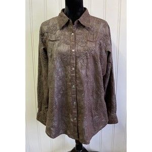 Vintage Wrangler Women Pearl Snap Button Up Shirt Brown Stitched Floral Size XXL